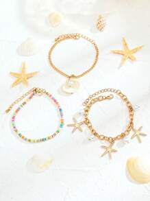 3pcs/5pcs Multi-Color Fashion Bohemian Faux Pearl, Natural Shell, Starfish, Seashell, Butterfly Pendant Beaded Necklace & Bracelet Set, Suitable For Valentine's Day, Best Friends, Family, Beach, Party, Gift, Daily Wear For Women