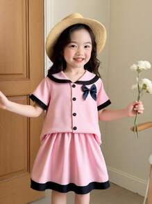 Set de 2 piezas de camisa de manga corta con botones y cuello marinero informal y falda para niñas
