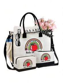 教师图案手提包带肩带和化妆包，（1个大包和2个小包），便携式休闲收纳手提包，多功能购物袋，带侧袋的个性化礼品袋，带围巾的沙滩包，适合教师，单肩包，日常使用，约会，度假，海滩，旅行，通勤，学生，母亲节礼物，教师节礼物，毕业礼物，（拉链随机）