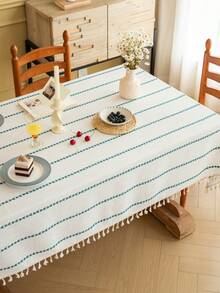 1pc Japanese Minimalist Ins-Style Green Geometric Stripe Embroidery Rectangular Tablecloth With Tassels, Washable, Suitable For Family Gatherings, Birthday Parties, Weddings, Dinners, Home Decor, All Seasons - Multicolor - View 7