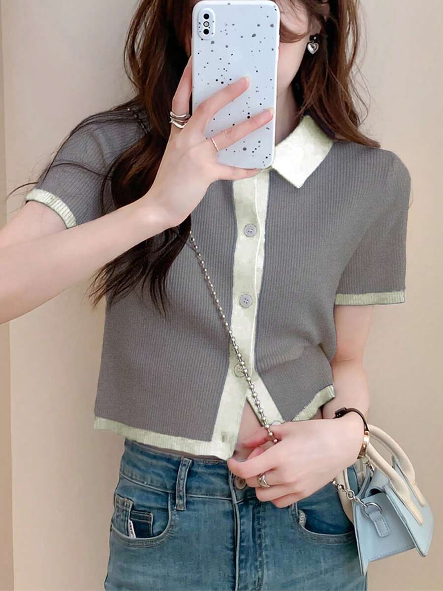 女士夏季时尚简约领短袖开衫 - 灰色 - 查看 1