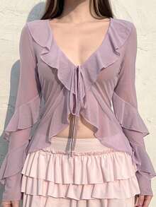 Women's Summer Ruffled Cardigan Solid Color Long Sleeve Tie Front V-Neck Sheer Mesh Slim Tops - 紫色 - 查看 3
