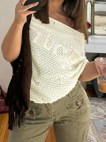 ملابس علوية كاجوال صيفية كبيرة الحجم للنساء ذات لون أحادي وطبعة حرف محظوظ بأكمام خفافة، ملابس علوية محبوكة شبكية مفرغة مناسبة للعطلات والشاطئ مع حافة غير متماثلة