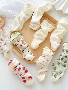 3/5 Pairs Assorted Strawberry & Mixed Fruit Pattern Casual Crew Socks, Versatile School Style - 36-39 - View 5