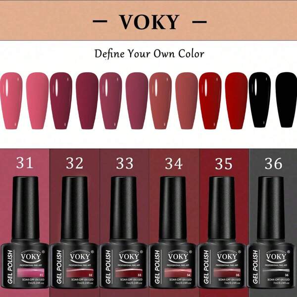 6Pcs/Set Voky New Arrive 7Ml Plain Gel Nail Polish Uv/Led Soak Off Gel Polish Nail Polishing Manicure Kit, Suitable For Nail Salon Or Home Use Or Birthday Gift