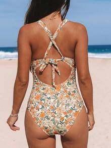 Women's Swimsuit Tummy Control Deep Double Straps Crisscross Back Tie Bathing Suit, 2025 Swimwear - 鐵鏽橙 - 查看 7