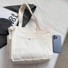 1 pieza/2 piezas Bolso de lona de gran capacidad, bolso de hombro con múltiples bolsillos, bolso de compras reutilizable, fácil de llevar con asa cómoda, para uso diario y regalos, bolso portátil para la escuela, el trabajo, los viajes y las compras