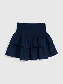 Falda mini con cintura elástica y volantes en el bajo, de color liso y casual - Azul - Ver 1