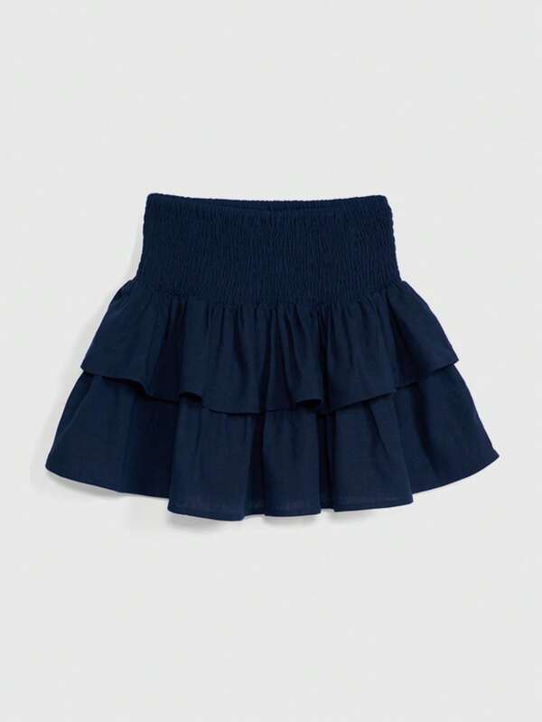 Casual Solid Color Elastic Waist Ruffle Hem Mini Skirt
