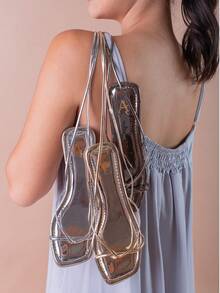 Women's Metallic Flat Sandal With Thin Straps And Ties - 深灰色 - 查看 3