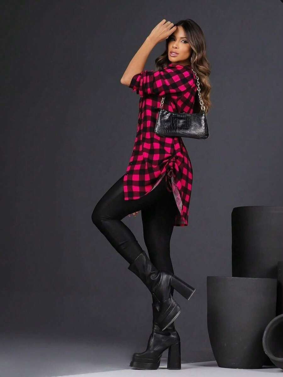 Chamise Feminino Manga Longa Xadrez Estampado e Liso Botões e Elastex