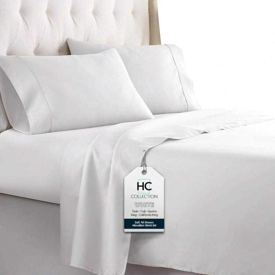 Local Delivery-HC Collection Bed Sheets Set, HOTEL LUXURY Platinum Collection 1800 Series Bedding Set, Deep Pockets, Wrinkle & Fade Resistant, Hypoallergenic Sheet & Pillow Case Set - 白色 - 查看 1