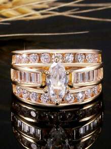 1pc Elegant 18K Gold Plated Triple Row CZ Engagement RingS Accessories For Women, Copper Main Material, Glitter Style, Suitable For Daily And Wedding Occasions