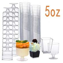 5 oz Vasos de postre cuadrados de plástico transparente en miniatura, copas de vino de postre redondas con tallo, pequeños vasos reutilizables para fruta, helado, pudín, aperitivos, adecuados para fiestas