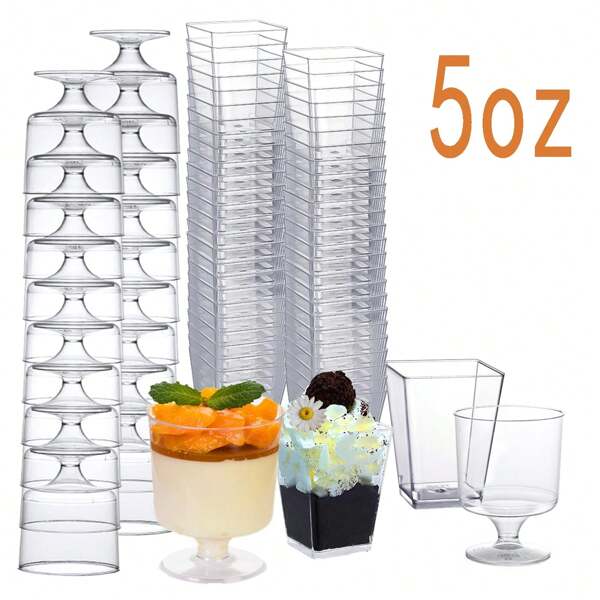 5 Oz Miniature Transparent Plastic Dessert Cups, Square Dessert Wine Glasses, Round Stemmed Cups, Small Reusable Cups For Fruit, Ice Cream, Pudding, Appetizers, Suitable For Party