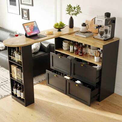  Flieks 360° Swivelling Bar Table, Breakfast Bar With 4 Drawers And Open Shelves, Galvanised Gold Handle, Innovative Kitchen Islands, Suitable For Dining Room And Living Room, Black, 105x39x102cm