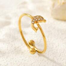 Juego de anillos con baño de oro al estilo francés para mujer, set único de anillos de circonita sintética con diseños de corazón, luna y delfín, anillos ligeros y de lujo, anillos de acero inoxidable sencillos pero elegantes, regalos para fiestas y cumpleaños, parejas