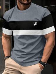 Men's Simple Cowboy Silhouette Printed Colorblock Crew Neck Short Sleeve T-Shirt, Digital Graphic Tee For Summer