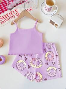 Chatreadl Hermoso conjunto de 2 piezas para niña con estampado de rosquillas: top tipo chaleco rosa refrescante y shorts a la cintura, adecuado para primavera, verano y otoño