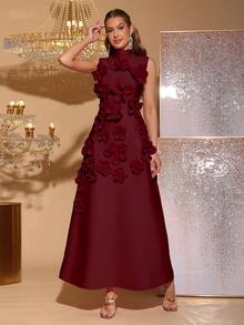 Modphy New High-End Elegant 3D Floral Decor Bodycon Turtleneck Sleeveless Butterfly Hanging Long Dress, Wedding Party Guest Bridesmaid Formal Maxi Gown For Women