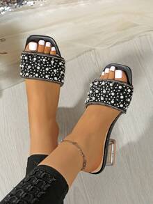Sandalias de tacón alto grueso con punta abierta para mujer, correa de PVC transparente con decoración de rhinestones, chanclas de verano de tacón medio con slip-on, regalo de San Valentín - Negro - Ver 3