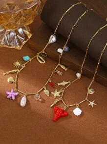 1pc Women's Fashion Jewelry, Ocean Themed Chain Necklace With Colorful Starfish, Seashell, Lobster Pendant, Suitable For Summer Beach Vacation, Beach Party And Daily Wear. Packaged In Velvet Bag
