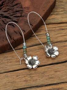 1 Pair Bohemian Style Alloy Plum Blossom Pendants With Turquoise Beads, Double Layer Dangle Earrings, Vintage Fashion Jewelry Gift Suitable For Women, All Seasons