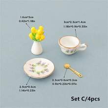 Set de 4 piezas Mini jarrones realistas de flores, accesorios de modelo de té de la tarde, decoración de taza de té de cerámica, set de decoración de vajilla de casa de muñecas - Varios estilos - Ver 9