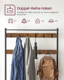 VASAGLE Garderobenständer Garderobe mit Sitzfläche, 3 Ablagen, Vintagebraun-Schwarz - Braun - Übersicht 4