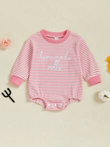 Baby Girls Thanksgiving Romper Casual Letter Embroidery Striped Long Sleeve Jumpsuits For Newborn Infant Fashion Clothes