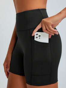 Shorts esportivos femininos de cintura alta Tender Angel, shorts finos de ioga respiráveis de secagem rápida com bolsos, adequados para treino, corrida e fitness - Preto - Ver 4