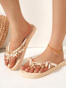 Handmade Natural Shell And Starfish Rhinestone Decorated Strap, Straw Design Flat-Soled Fashionable Casual Beach Sandals, Suitable For Summer Beaches, Vacations, Travel, Embossed Soothing Upper, Women's Soft-Soled Non-Slip Flat Flip-Flops