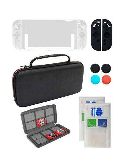 2 Accessories Set: Carrying Case + TPU Separated Left & Right Grip Case + PC Protective Shell + Separated Silicone Grip Covers + 4pcs Joystick Caps + 2pcs Tempered Glass Screen Protectors + 1 Game Card Case, Waterproof & Shockproof