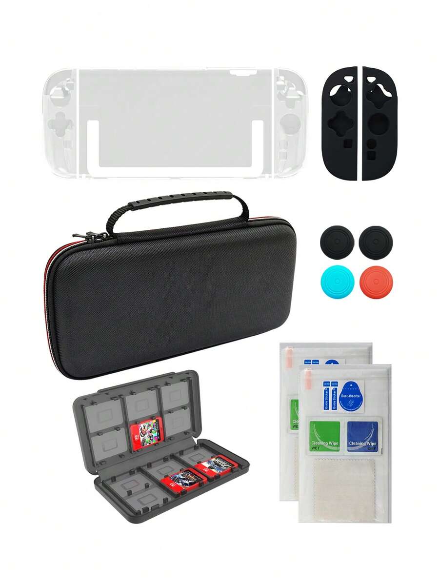 2 Accessories Set: Carrying Case + TPU Separated Left & Right Grip Case + PC Protective Shell + Separated Silicone Grip Covers + 4pcs Joystick Caps + 2pcs Tempered Glass Screen Protectors + 1 Game Card Case, Waterproof & Shockproof - Multicolor - View 1