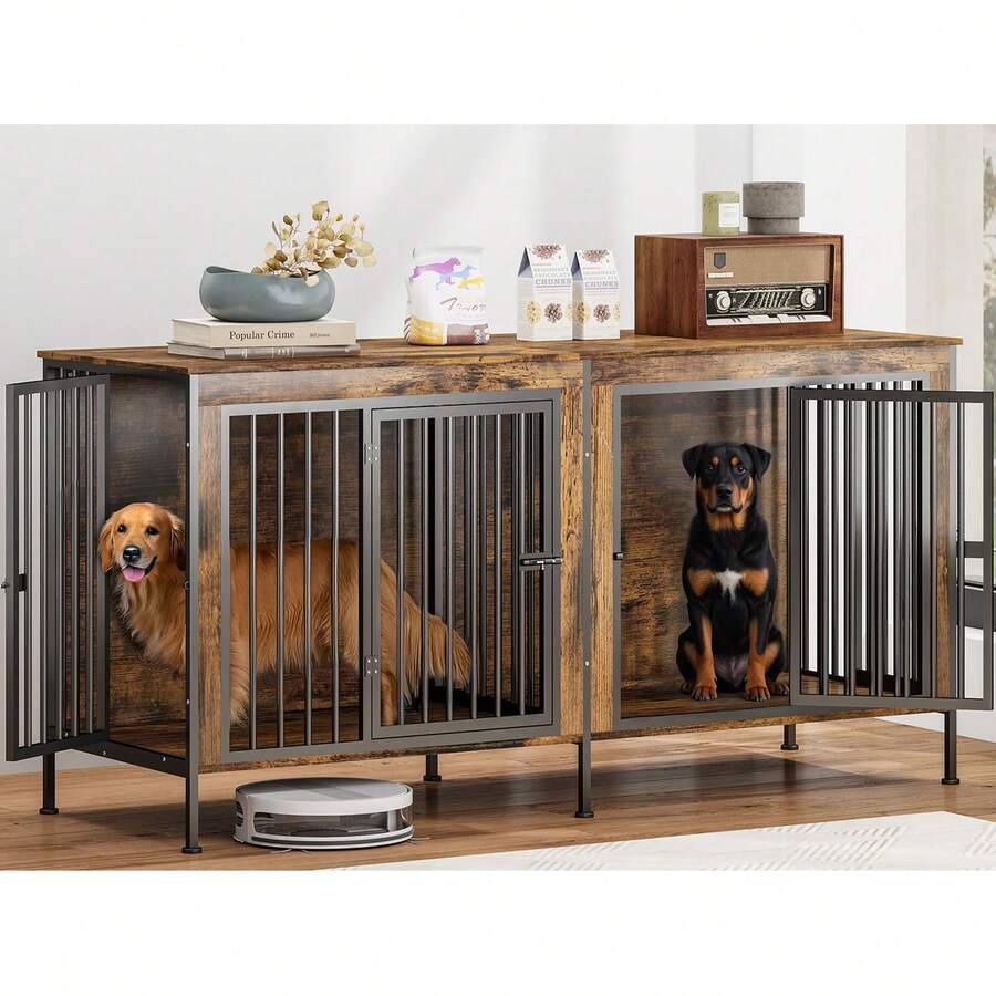 63/78 Inch Dog Crate Furniture For 2 Large Or Medium Dogs With Removable Divider, Extra-Large Double Door Dog Kennel, XXL Heavy-Duty Wooden Dog Crate, Durable And Sturdy - 棕色 - 查看 1