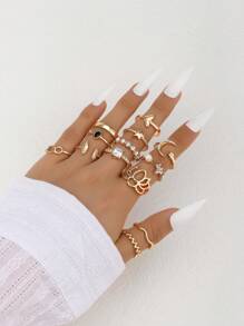 Set de 13 anillos de mujer con cristales de estilo bohemio, con formas de estrella, sirena y flor, ideal para verano, playa, uso diario, Día de San Valentín, Pascua, Navidad, cumpleaños, regalo