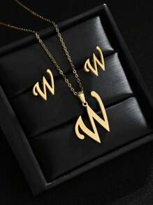 1 Set A-Z Stainless Steel Initial Necklace And Stud Earrings Jewelry Sets Alphabet Letter Pendant Chain Accessories Gifts