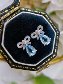 2 peças de brincos de prata esterlina S925 versáteis e modernos com laço de zircônia em formato de lágrima e laço retrô elegante para mulheres, adequados para uso diário feminino, joias para presente de festa e festival