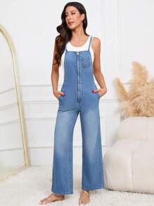 25 AW Automne Vêtements Femmes Salopette en jean décontractée à dos croisé et jambes larges avec bretelles réglables et grandes poches arrière, parfaite pour les vacances, les sorties et les tenues quotidiennes