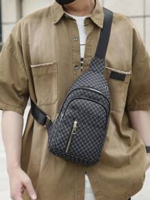 Mini Gingham Print Multi-Pockets Water Resistant Chest Bag Unisex, Portable Messenger Bag For Work, Shopping, Travel, Suitable As Holiday Gift