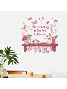 Kitchen Stickers/Decorative Stickers English Kitchen Kitchenware Butterfly Flower Rack Stickers Waterproof And Dustproof Stickers, 1 Piece Pvc Material Removable Wear-Resistant Stickers, Wall Stickers 23.62*11.81 Inches, Suitable For Kitchen Decoration, Wall Decoration, Restaurant Decoration, Interesting Birthday Gifts, Graduation Gifts, Make Your Home A New Look