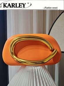 1pc Women's Fashion Evening Bag, Orange Color Bag, Party Bag, Round Acrylic Box Clutch, Mini Retro Metal Handle Chain Shoulder Bag, Handbag, Versatile Shoulder Crossbody Bag, Party Evening Clutch