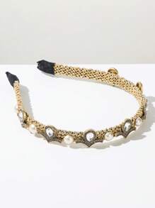 1pc Women's Summer Headband With Gold Wire Wrapped Vintage Elegant Rhinestone & Pearl Decor, Baroque Style Fashion Accessory, Hairband Headband For Women ,Hair Accessories, Diadema, Hair Hoop