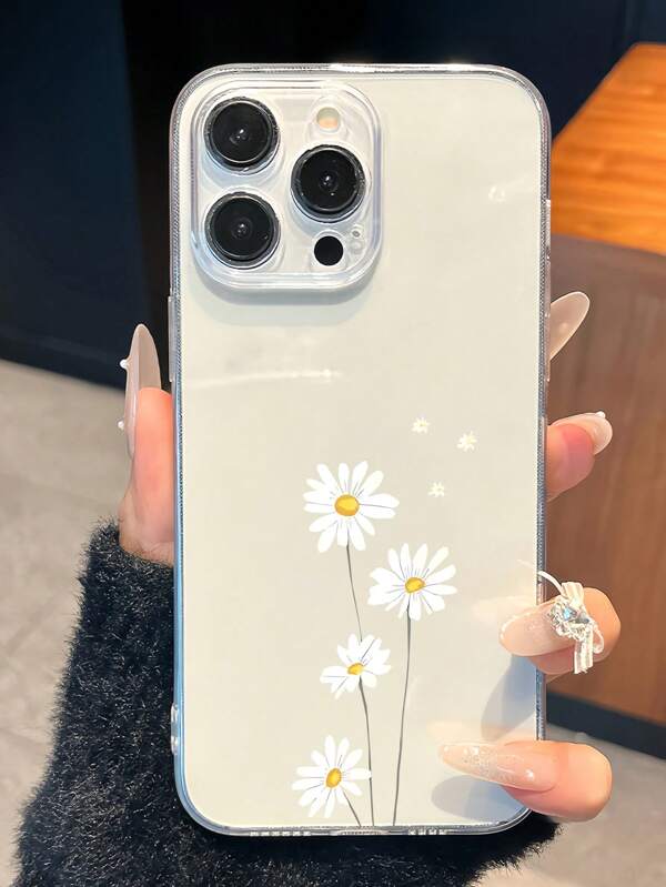 Flower 1pc Transparent Case With Transparent Lens Cover, Floral Spring Daisy Pattern, Waterproof Shockproof Anti-Slip Soft Phone Case Compatible With Apple 16/15/14/13/12/11 Pro Max/7/8 Plus