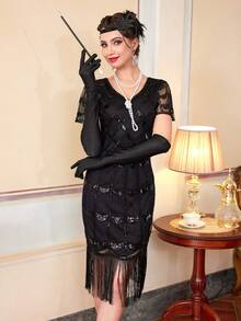 Đầm nữ thập niên 1920, đầm flapper đính sequin tua rua, trang phục thời kỳ "Roaring Twenties" (Những năm 1920 sôi động) - màu đen - Xem 3