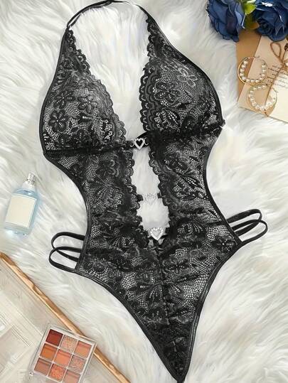 1 Stück Sexy Verlangen Damen Dessous mit Bauchausschnitt, verführerischer herzförmiger Strass-Spitzen-Neckholder-Jumpsuit mit Vorderbindung, Rave