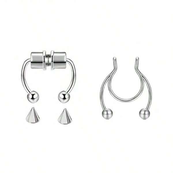 2 piezas de aro de nariz falso de doble bola, anillo de nariz de acero inoxidable de estilo punk sin perforación, perfuración de septo nasal, joyería corporal para mujeres y hombres