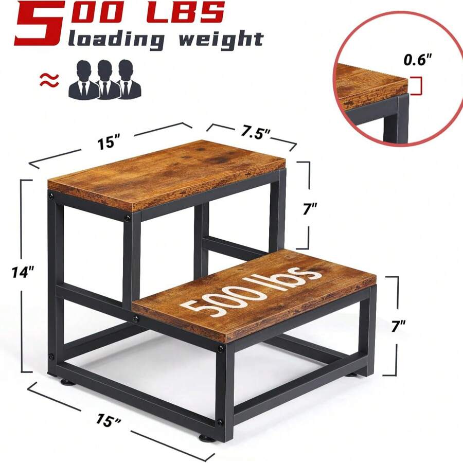 1 pièce Tabouret escabeau 2 marches, tabouret rehausseur, tabouret pour changer de chaussures, tabouret de marche, gris/marron, combinaison fer et bois, robuste, convient pour la chambre, la cuisine, la salle de bain