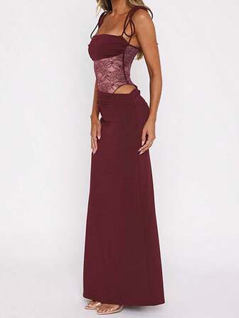 Elegant Bodycon Maxi Dress With Spaghetti Straps And Contrast Lace Panel, Perfect For Party Evenings