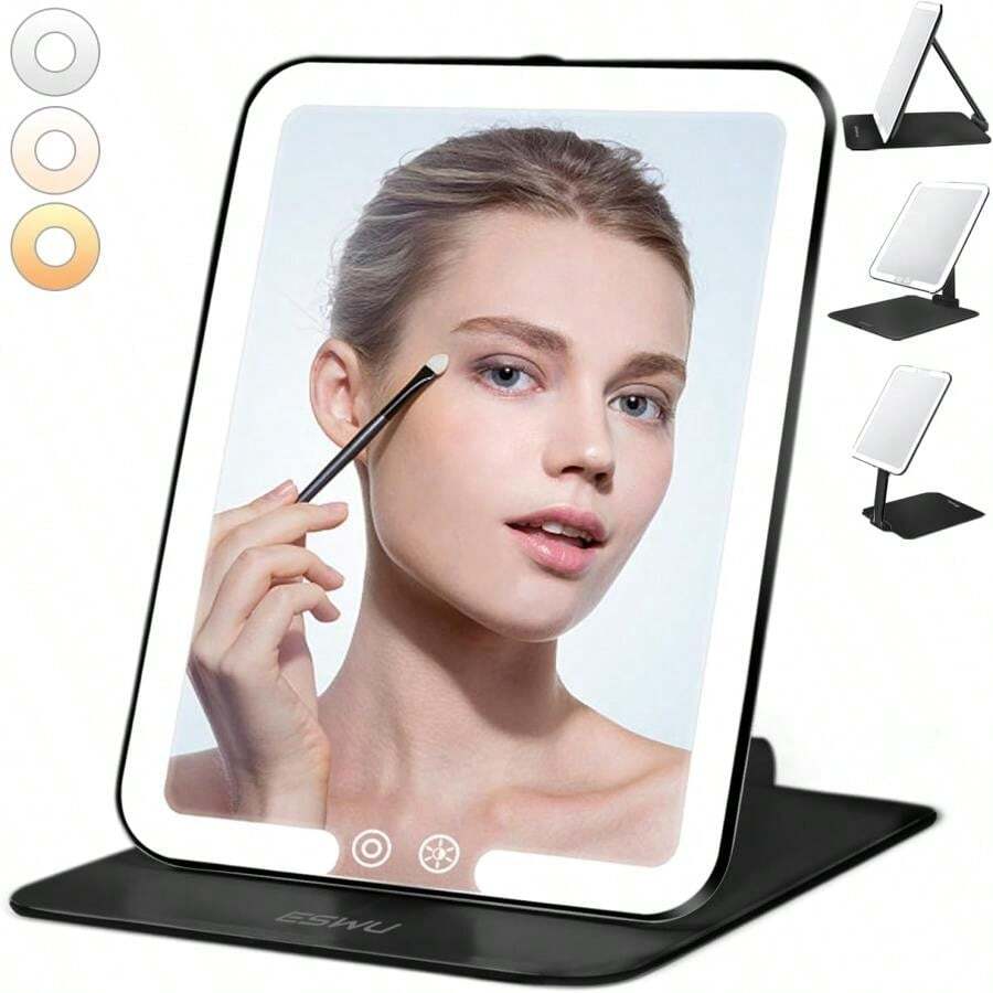 ESWU Travel Makeup Mirror With Light, Portable Folding Make Up Tabletop Mirror With 58 LEDs 3 Colors Light Modes Rechargable Compact Vanity Mirror With Adjustable Stand (Pink) - Black - View 1